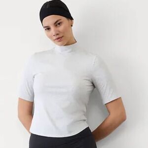 Athleta Signature Rib Mock Neck Elbow Sleeve Tee Fog Gray Heather XL